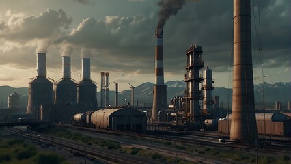 Industrial Plant with Towers Emitting Smoke