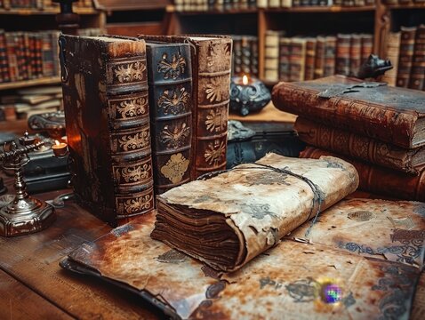 A stack of old books on a wooden table in a library with a candle and quill pen.