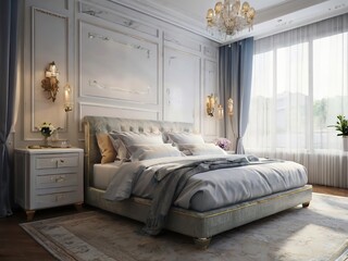Blue and golden luxury bedroom in classic style, interior design. - 786485440