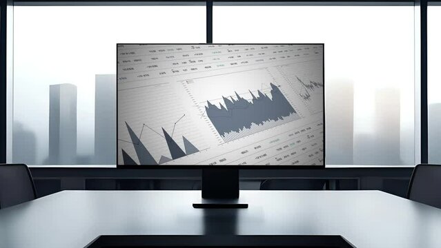 Data report analysis on computer monitor in modern business office