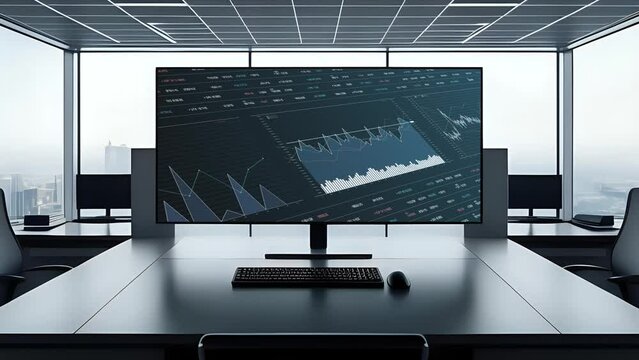 Data report analysis on computer monitor in modern business office