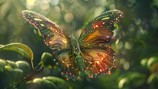 Vibrant cybernetic butterfly with intricate circuit pattern wings perched in a lush green environment