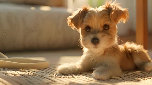 A cute Yorkshire Terrier puppy enjoys a warm sunbath on a cozy woven mat, exuding peace and contentment