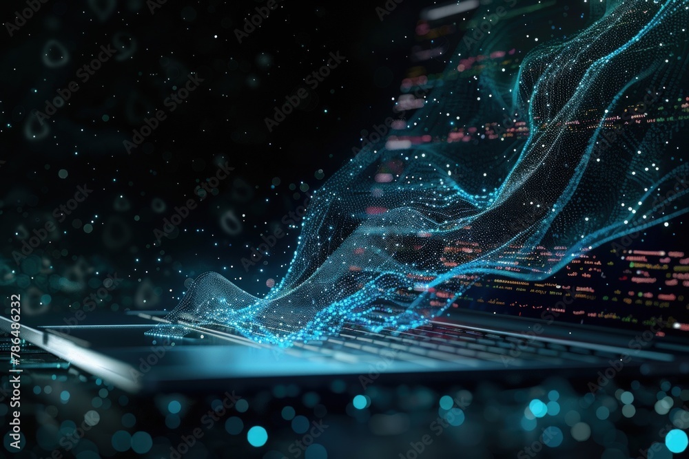 Aufkleber laptop with holographic waves of data flowing out. generate ai image