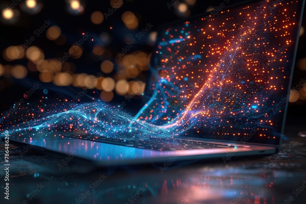 Poster laptop with holographic waves of data flowing out. generate ai image