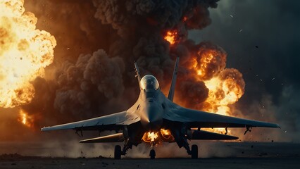 Fighter plane explodes in mid-air. violent explosion Smoke from the damage, sparks, destroyed airplane parts. air war scene - obrazy, fototapety, plakaty