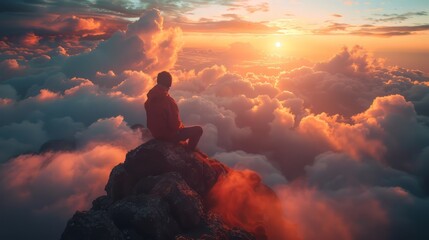 A man is sitting on a mountain top, looking out at the sunset