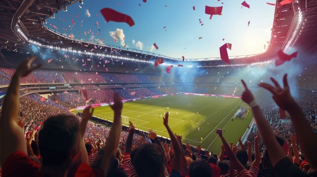 Football banner. Football competition. soccer players cheering in a large stadium, poster, advertisement