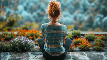 A woman sits on a stone ledge in front of a garden - obrazy, fototapety, plakaty