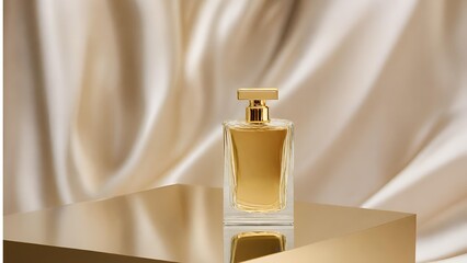 A bottle of perfume is sitting on a table with a gold background. The bottle is tall and slender, with a gold cap. Concept of luxury and elegance, as the perfume is likely a high-end brand
