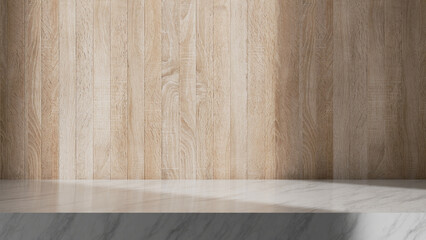 White marble podium table stage with wooden wall background and sunlight from window, empty copy...