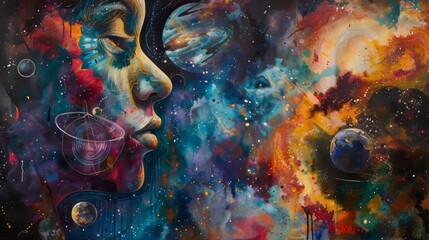 A painting of a woman with a face and a planet in the background - obrazy, fototapety, plakaty