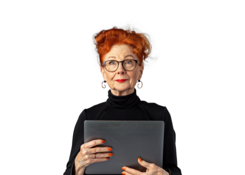 Redhead Senior Woman with Laptop on Transparent