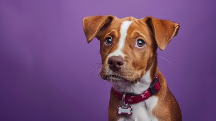 A brown and white mixed breed dog with floppy ears wearing a red collar , the tag is shaped like two bones. The background color should be purple. He has big eyes looking at the camera - obrazy, fototapety, plakaty