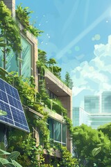 Illustrate a detailed side view scene highlighting modern sustainable living concepts with solar panels and lush greenery Utilize a documentary style approach to emphasize the eco-conscious aspect aga