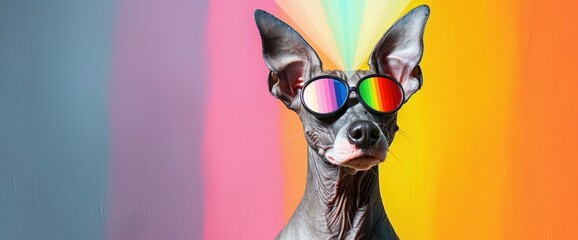 A Chinese hairless dog with rainbow laser beams shooting out of its eyes on a solid color background - obrazy, fototapety, plakaty