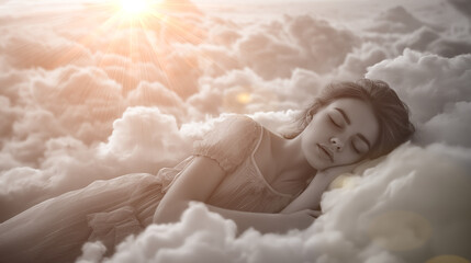 Hübsche Frau liegt schlafend in Wolken in schwarz weiß, ai generativ - obrazy, fototapety, plakaty