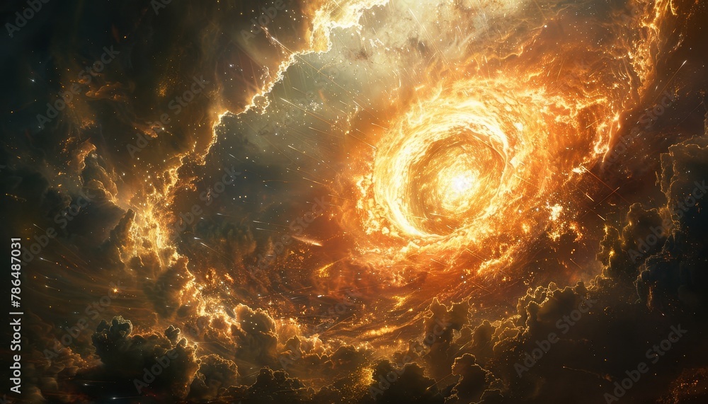 Canvas Prints a space scene with a large orange sun in the center and a blue sky with clouds by ai generated image