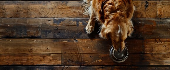 A dog eating from his bowl on the floor, top view, stock photo, wooden background, top down perspective, high resolution photography