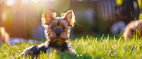 A cute Yorkshire Terrier puppy playing in the grass, with sunlight shining on it from behind