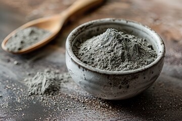 A bowl of gray magnesium powder with a wooden spoon on a rustic surface. - obrazy, fototapety, plakaty