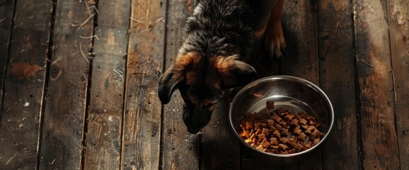 A dog eating from his bowl on the floor, top view, stock photo, wooden background, top down perspective, high resolution photography, natural light, professional color grading, intricate details