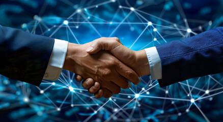 Business, agreement and handshake in closeup with futuristic background, welcome or thank you for meeting. Partnership, deal or contact with b2b opportunity for or teamwork, collaboration on contract