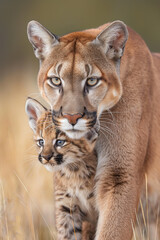Puma e seus filhotes na natureza - Papel de parede