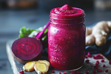 A vibrant beetroot smoothie in a jar surrounded by fresh ingredients.
