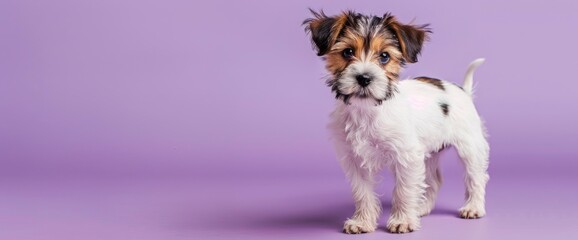A full body photo of A cute B Netie Terrier puppy standing on the purple background, with copy space for text 