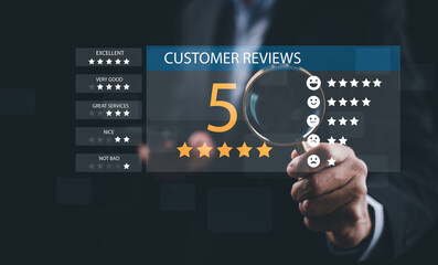 Man touch smartphone with Customer review satisfaction feedback survey concept, User give rating to service experience on online application, service leading to reputation ranking of business.