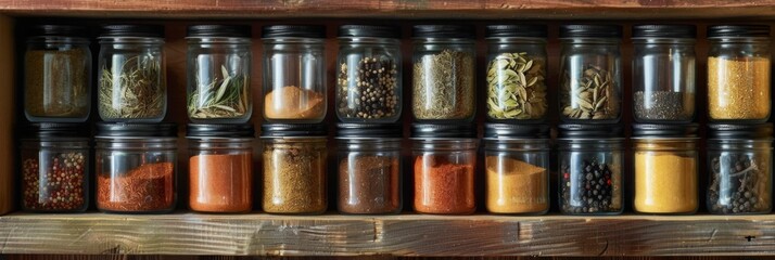 Organized collection of dry spices in glass jars, arranged on a kitchen shelf like a painter's palette