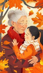 A tender embrace between a grandmother and her granddaughter surrounded by autumn leaves
