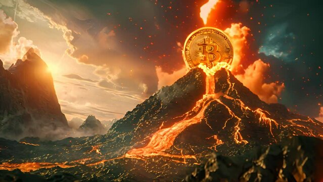 A powerful image of a volcano erupting with molten lava and Bitcoin symbols, against a backdrop of a dramatic sunset sky