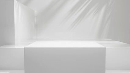 White abstract podium - empty placement display for products and design, bright clean white abstract podium background with sun light and soft shadows, white geometrical forms abstract copy space