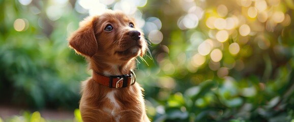 Cute brown puppy with collar sitting in a green garden, closeup portrait in the style of bokeh background, high resolution photography in the style of hyper realistic photography - obrazy, fototapety, plakaty