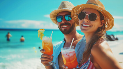 young couple spend vaction time travel to beach with summer refreshing drink .