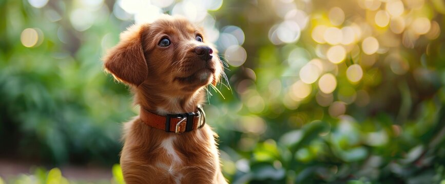 Cute brown puppy with collar sitting in a green garden, closeup portrait in the style of bokeh background, high resolution photography in the style of hyper realistic photography