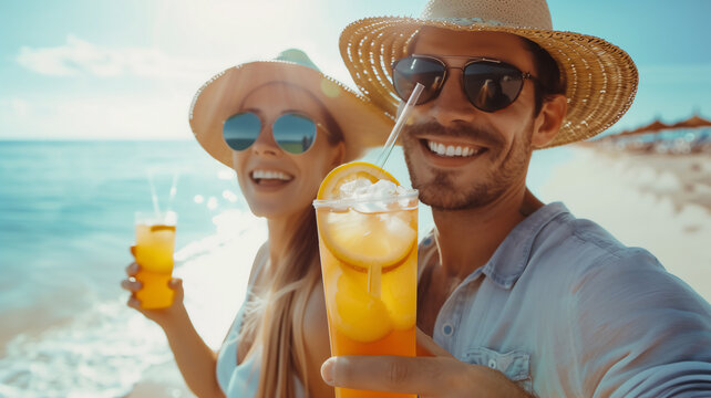 young couple spend vaction time travel to beach with summer refreshing drink .