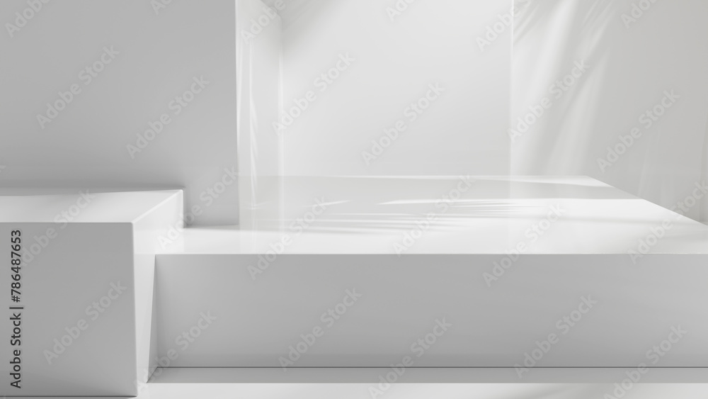 Aufkleber White abstract steps - empty placement display for products and design, bright clean white abstract podium background with sun light and soft shadows, white geometrical forms abstract copy space