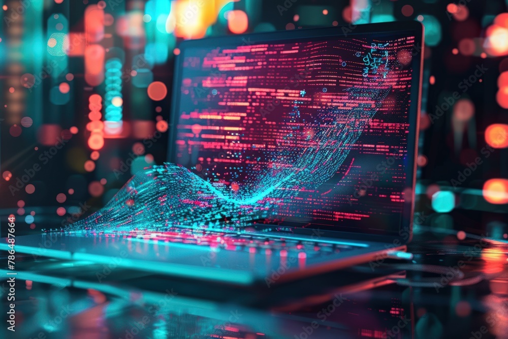 Poster laptop with holographic waves of data flowing out. generate ai image