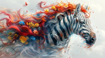   Digital painting of a zebra with unnatural red hair and floral head adornments against a backdrop of a tranquil, blue-hued sky