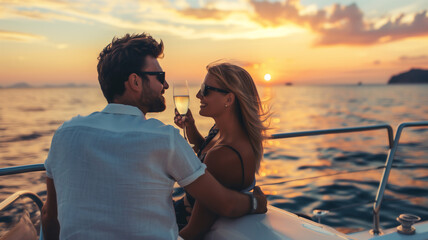 Young couple on private yacht watching sunset together with drink .