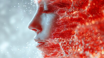   A tight shot of a red-haired woman's face, covered in snowflakes