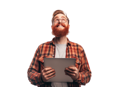 Smiling Redhead Man with Tablet Looking Up