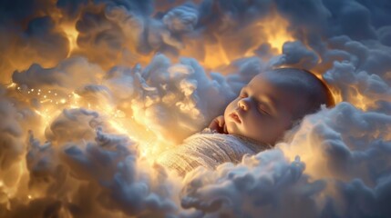 Baby sleeps peacefully among soft clouds