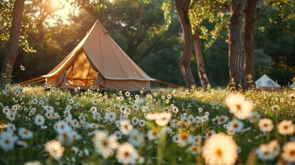   A tent in the field, surrounded by daisies in the foreground, and trees in the background - obrazy, fototapety, plakaty
