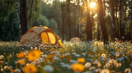   A tent stands in a field of wildflowers, sun illuminating through the background trees