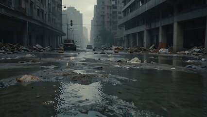 Big cities sometimes flood the streets. There is air pollution. - obrazy, fototapety, plakaty
