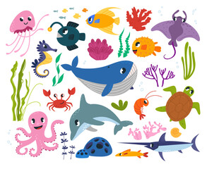 Ocean cute animals. Underwater life characters, marine plants and fish. Cartoon whale, shrimp and dolphin. Sea elements, classy vector collection